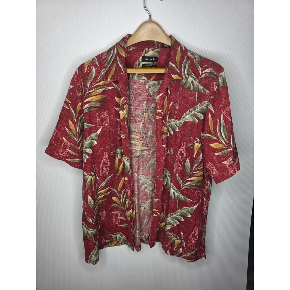 Vintage Pierre Cardin 100% Silk Tropical Leaf Print Button Down Shirt Size Large